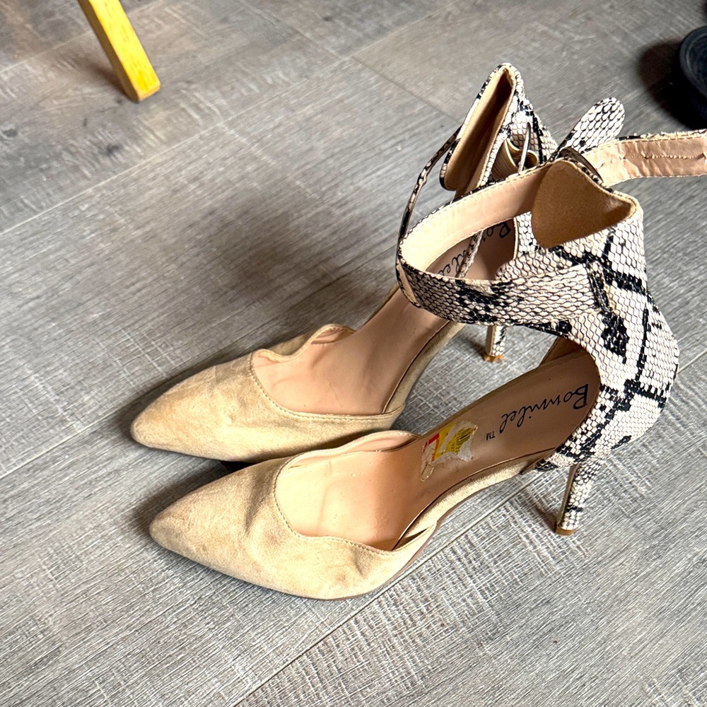 Beige and Snake Print Women's Heels